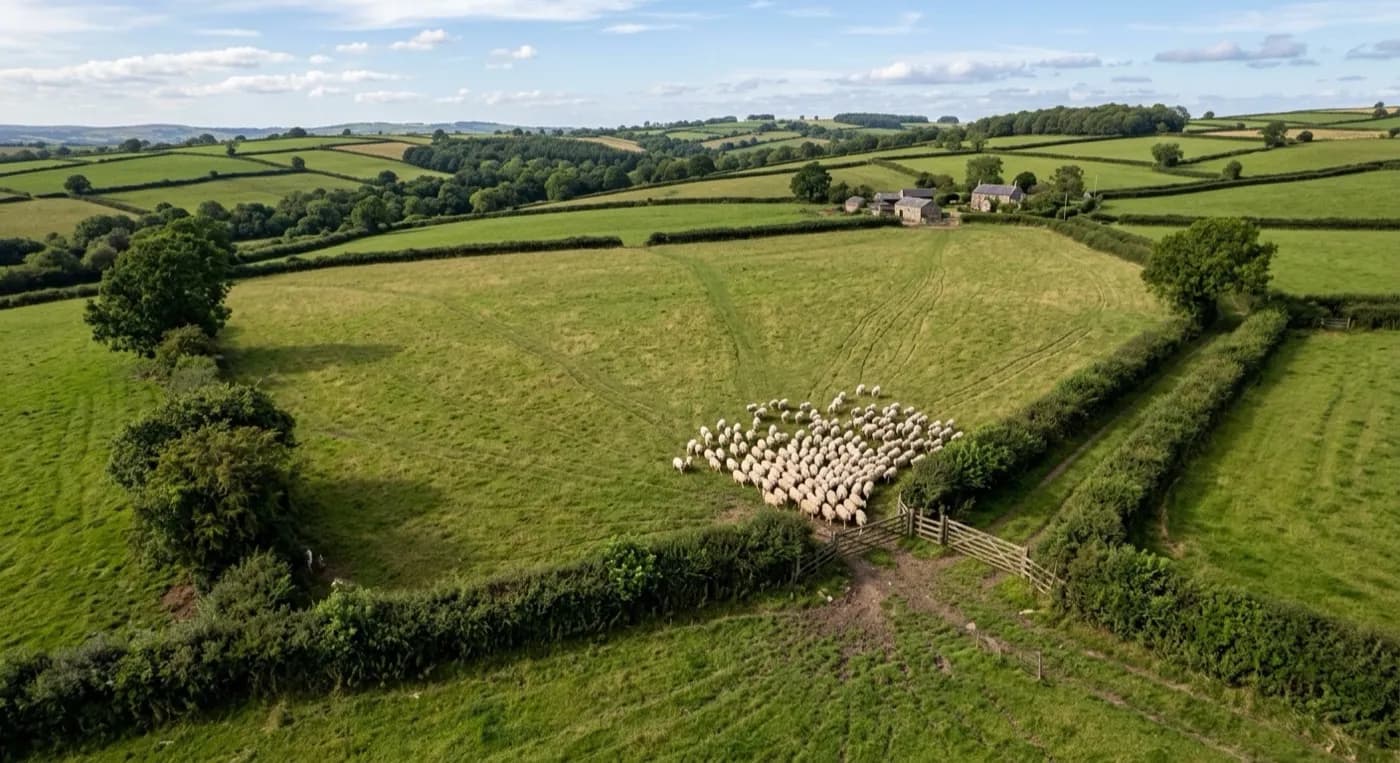 Aerial view of a large hedged farm field with livestock grouped near a gateway