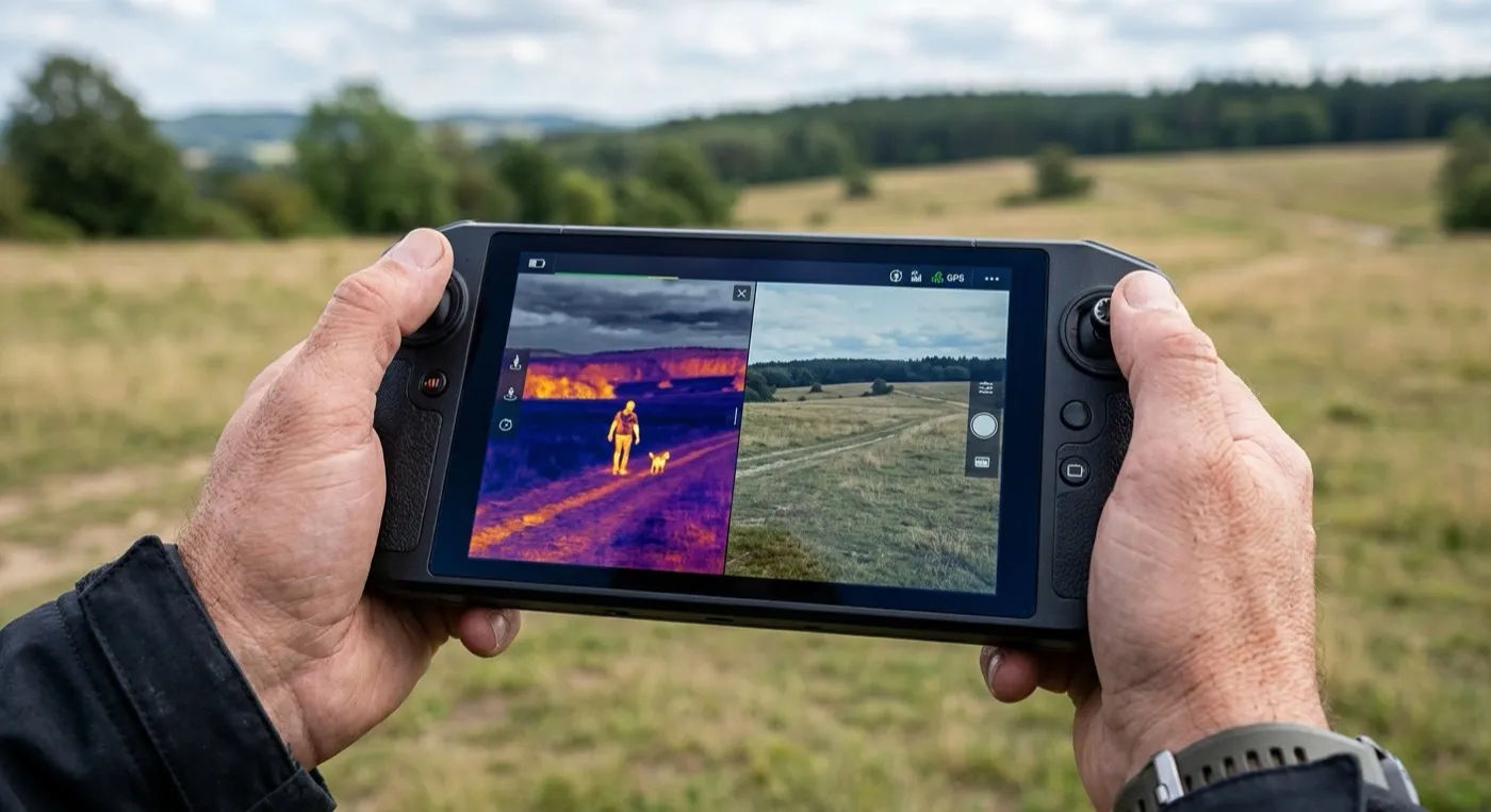 Handheld controller screen showing a thermal camera view of open ground beside the visual camera feed
