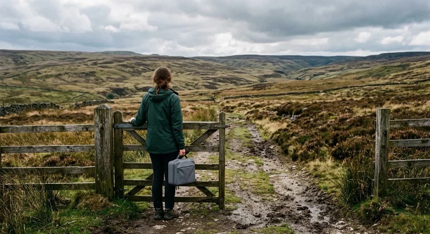 A pilot standing at a field gate with a folded grey drone case, open moorland behind