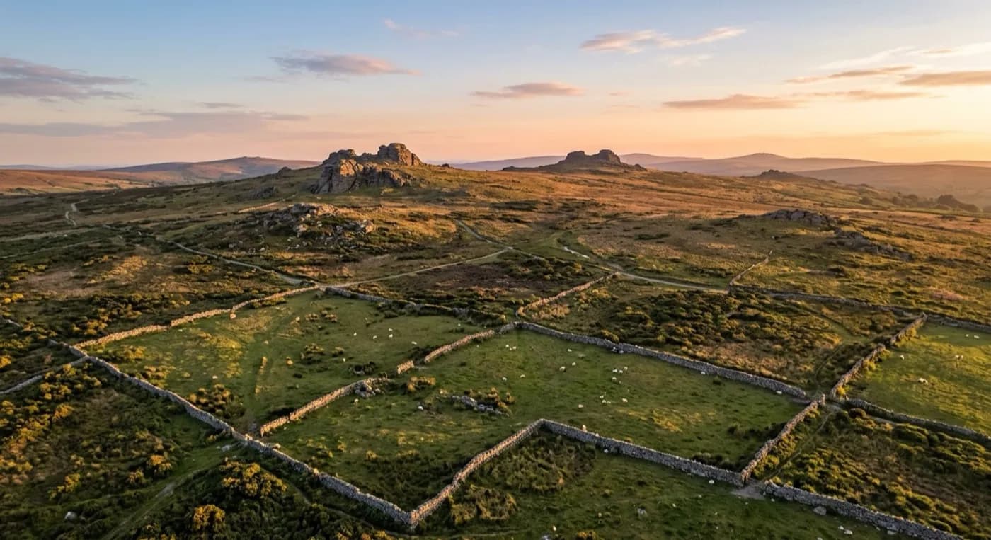 Aerial view of open Dartmoor high moor with granite tors and dry stone walled fields below