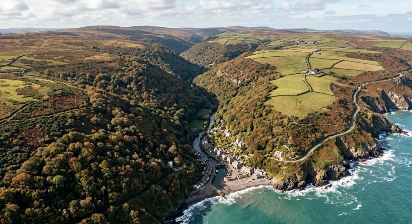 Aerial view of Exmoor and North Devon combe country, steep wooded valleys running down to open hill farmland