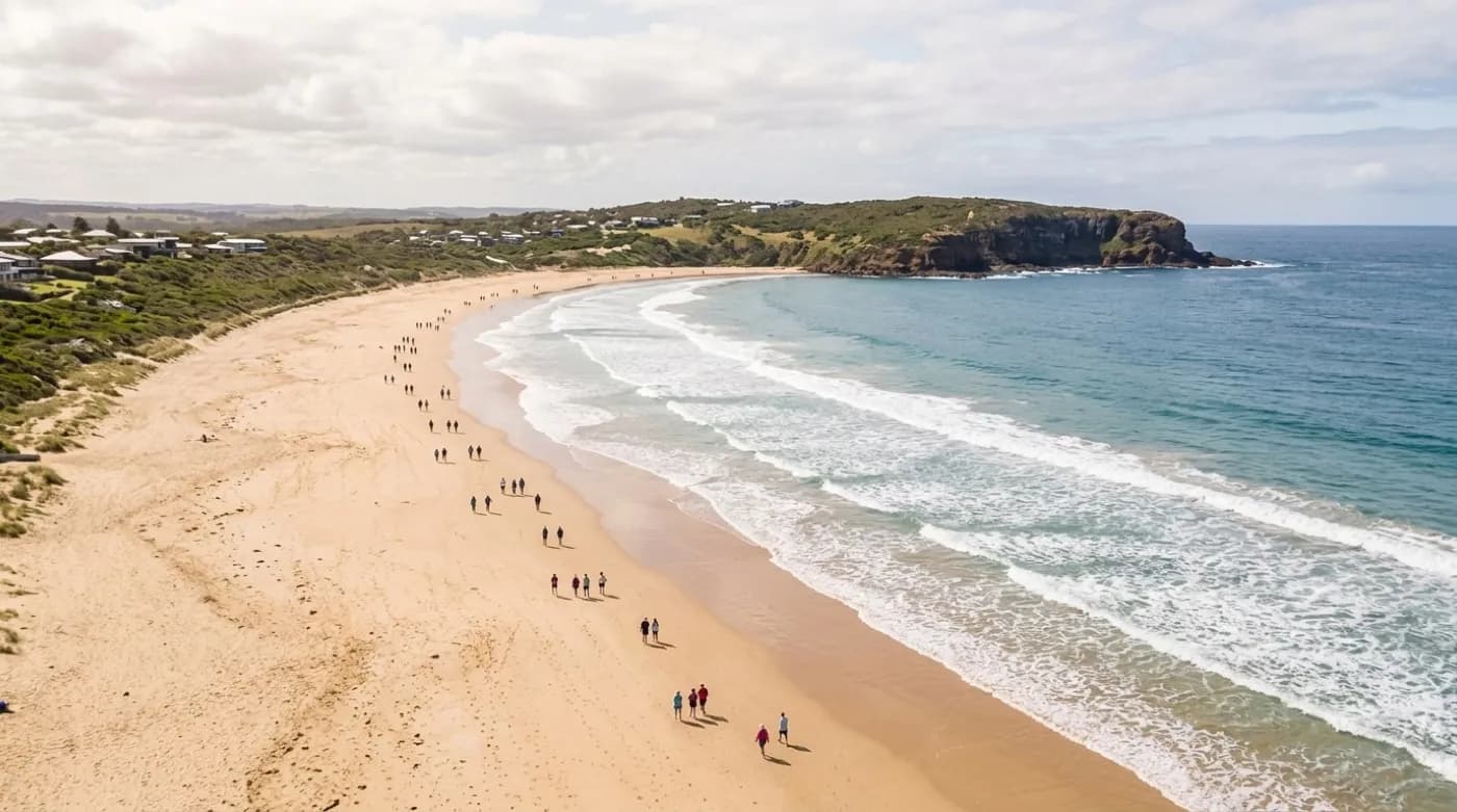 Aerial view of a wide open beach and headland with a line of walkers spread along the sand