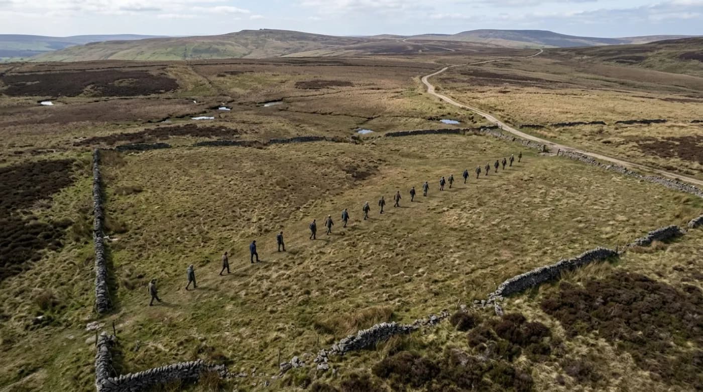 Aerial view of open moorland with a search line of people spaced across a field
